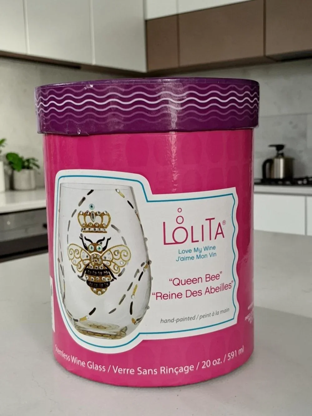 Lolita Queen Bee Stemless Hand Painted & Jeweled 19oz Wine Glass. RARE!